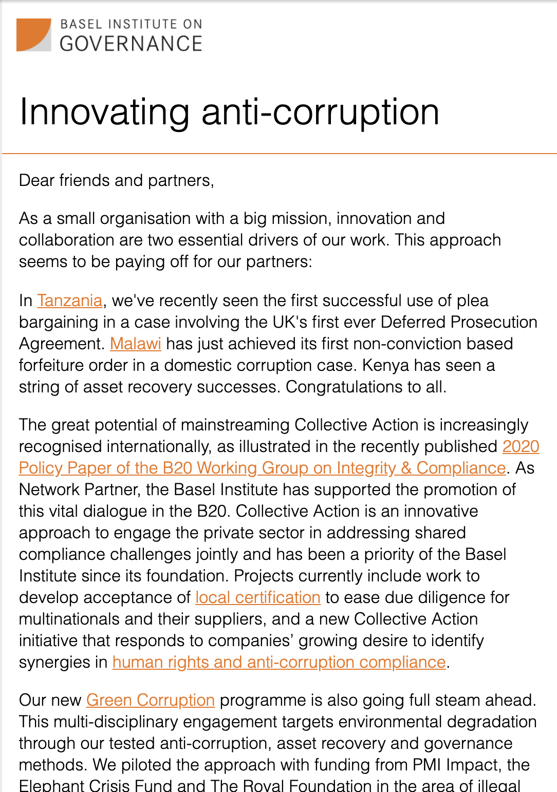 Basel Institute newsletter - October 2020 cover