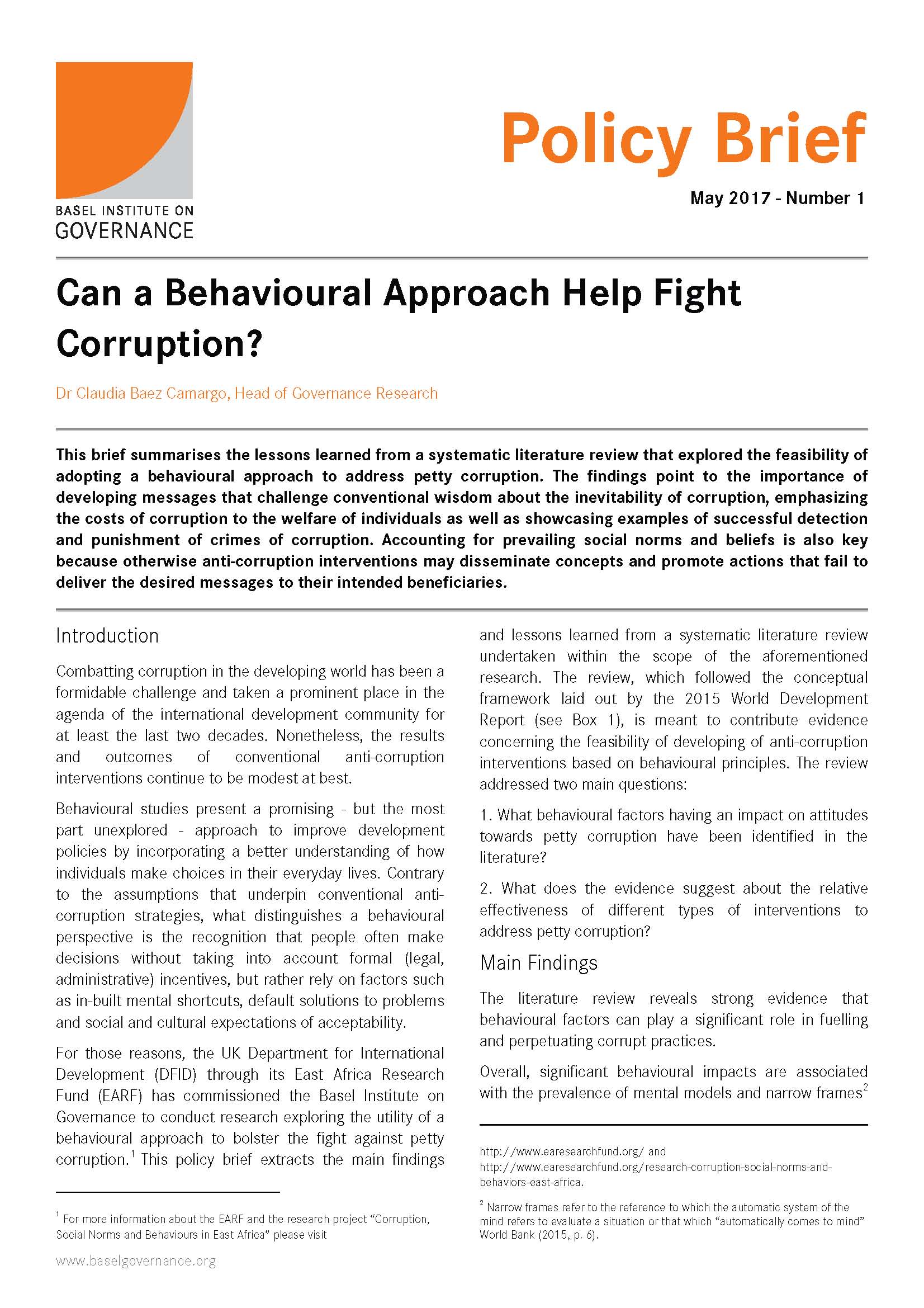 Policy Brief 1: Can a behavioural approach help fight corruption? cover