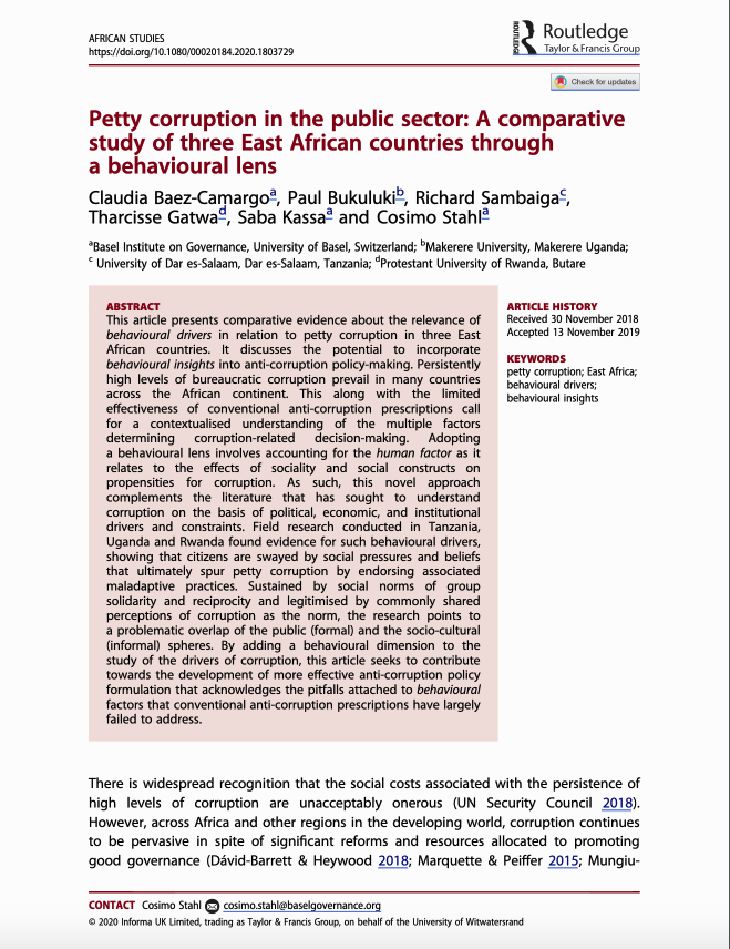 Petty corruption in the public sector: A comparative study of three East African countries through a behavioural lens cover