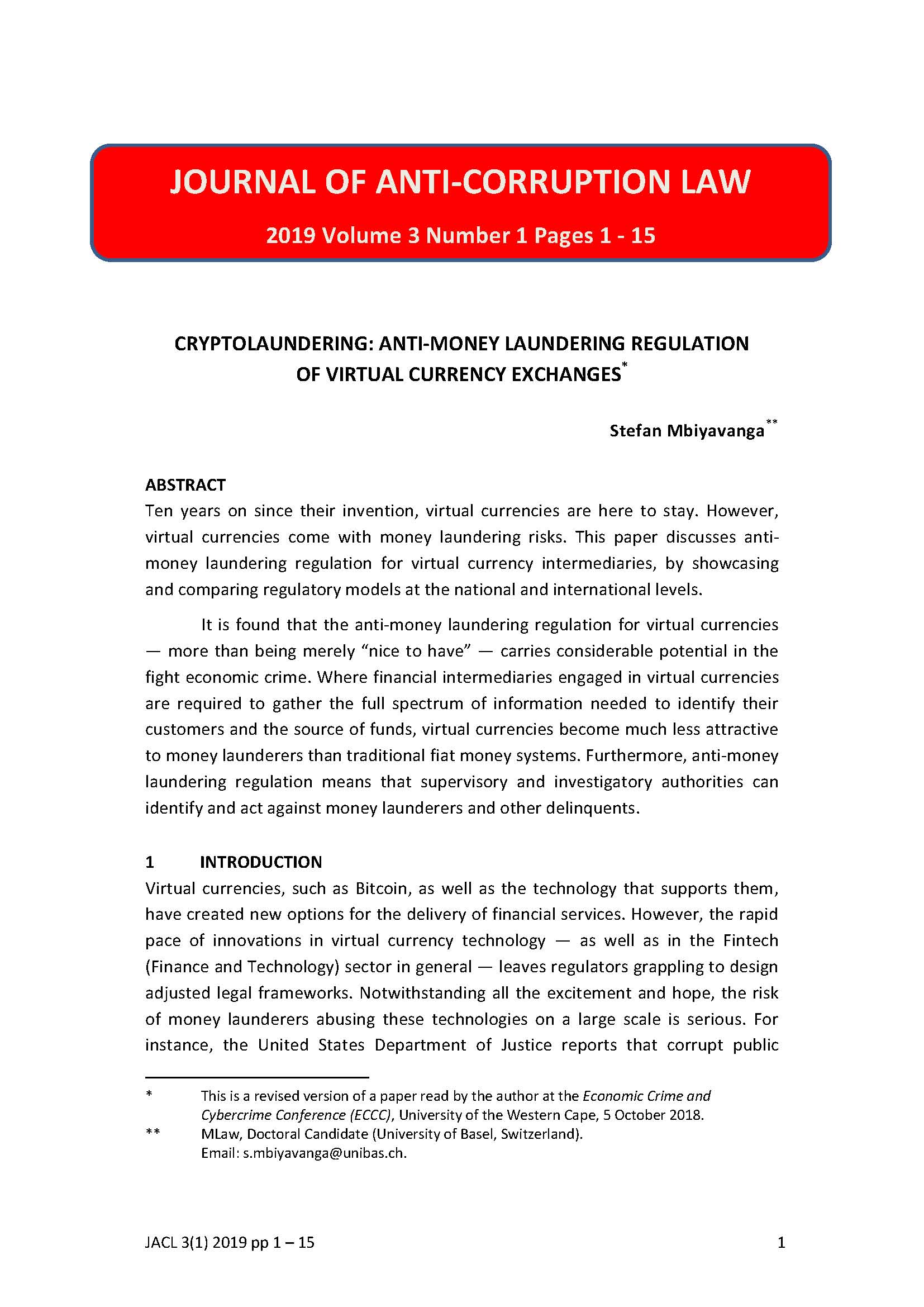 Cryptolaundering: anti-money laundering regulation of virtual currency exchanges cover