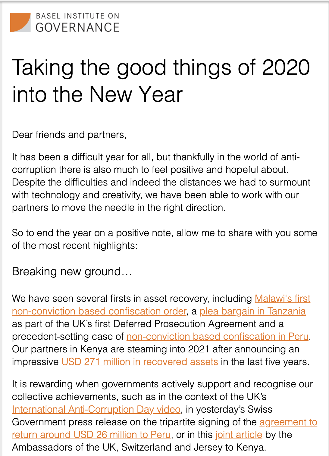 Basel Institute newsletter - Taking the good things of 2020 into the New Year cover