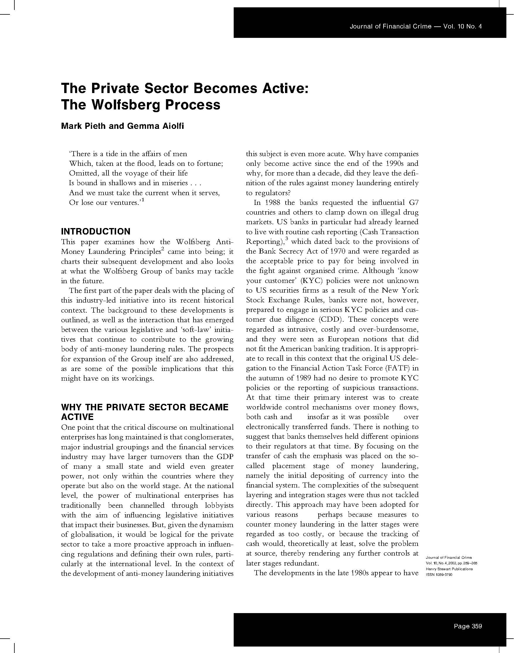 The private sector becomes active: The Wolfsberg process cover