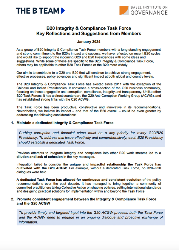 B20 Integrity and Compliance Task Force – Key Reflections and Suggestions from Members