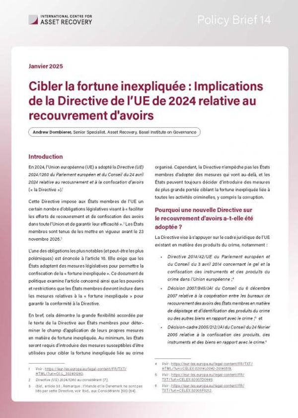 Policy Brief 14: Cibler la fortune inexpliquée : Implications de la Directive de l’UE de 2024 relative au recouvrement d'avoirs