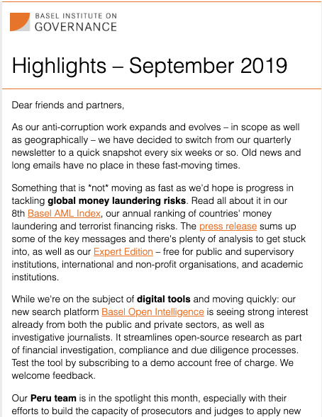 Basel Institute newsletter – September 2019 cover