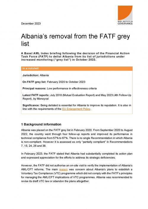 Basel AML Index briefing: Albania's delisting from the FATF grey list cover