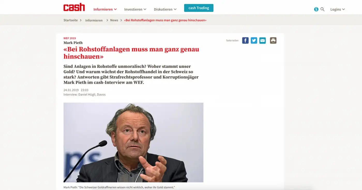 Mark Pieth on commodity trading, gold and investment – interview with cash.ch