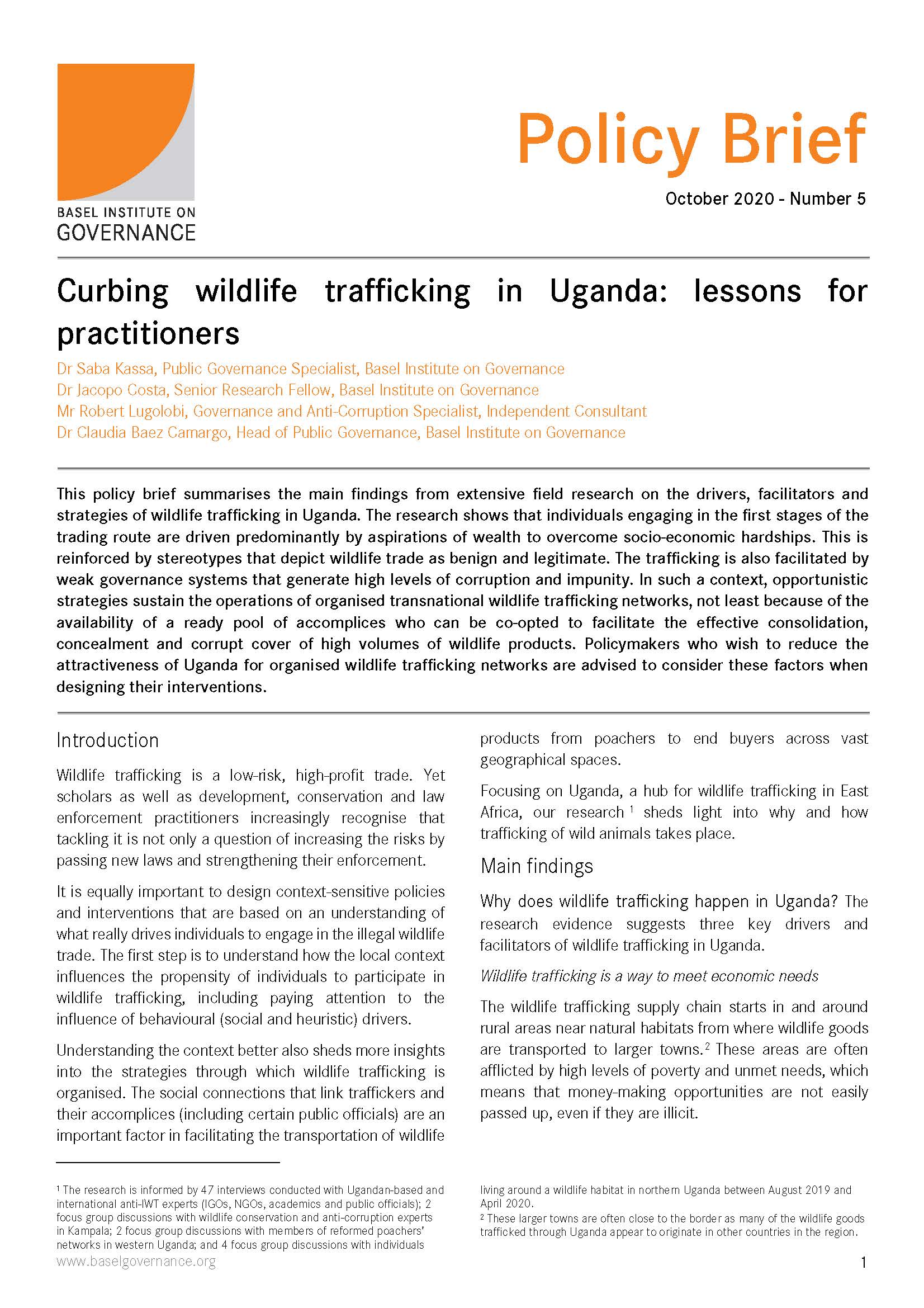 Policy Brief 5: Curbing wildlife trafficking in Uganda: lessons for practitioners cover