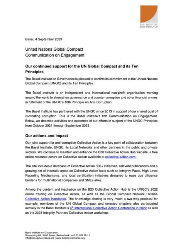 United Nations Global Compact: Communication on Engagement 2023