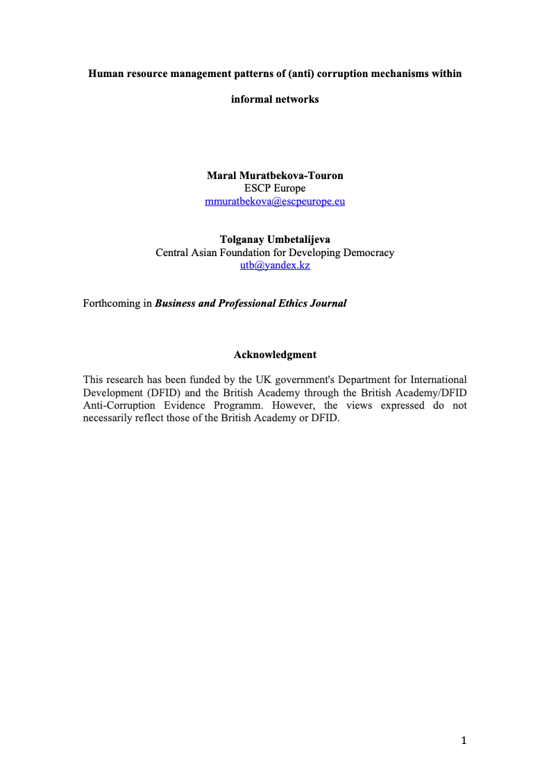 Human resource management patterns of (anti) corruption mechanisms within informal networks cover