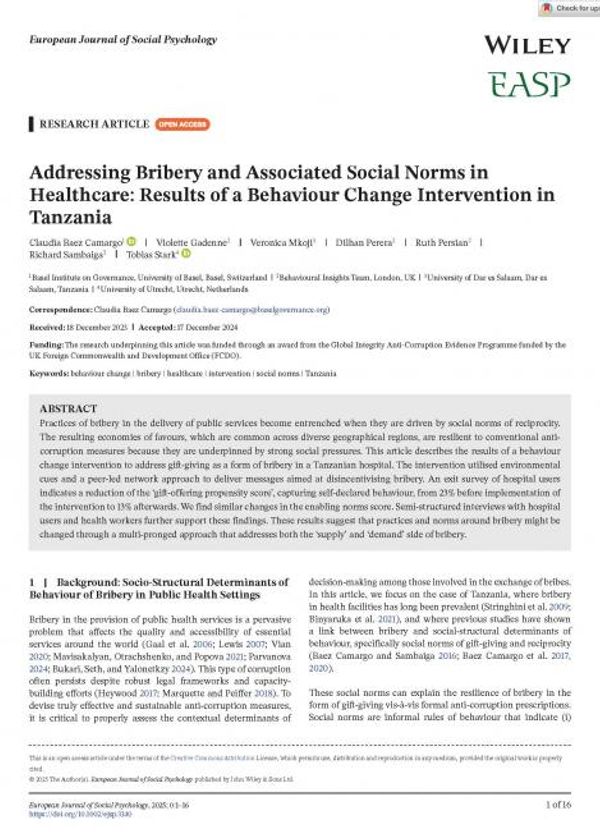 Addressing Bribery and Associated Social Norms in Healthcare: Results of a Behaviour Change Intervention in Tanzania