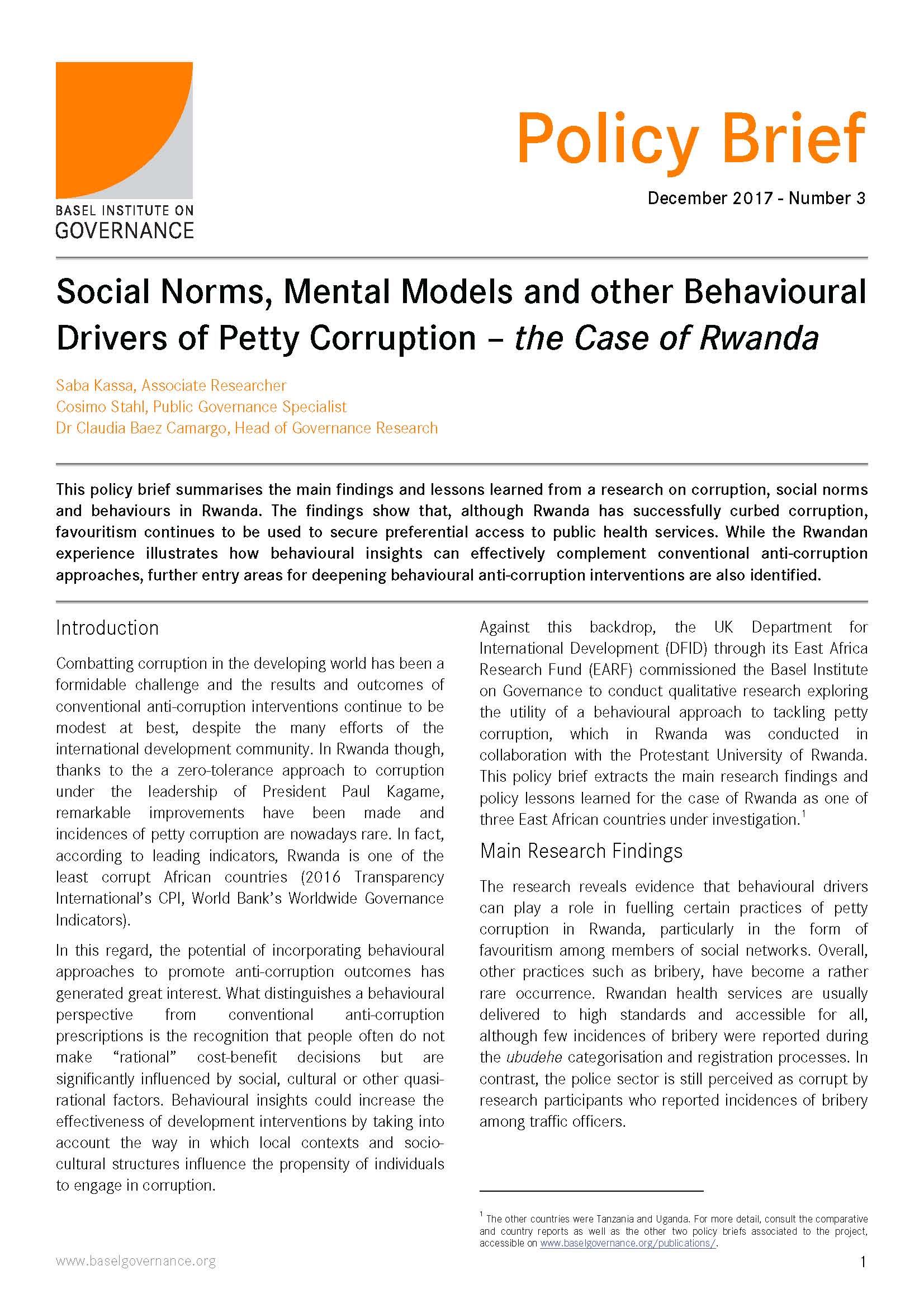 Policy Brief 3: Social norms, mental models and other behavioural drivers of petty corruption – the case of Rwanda cover