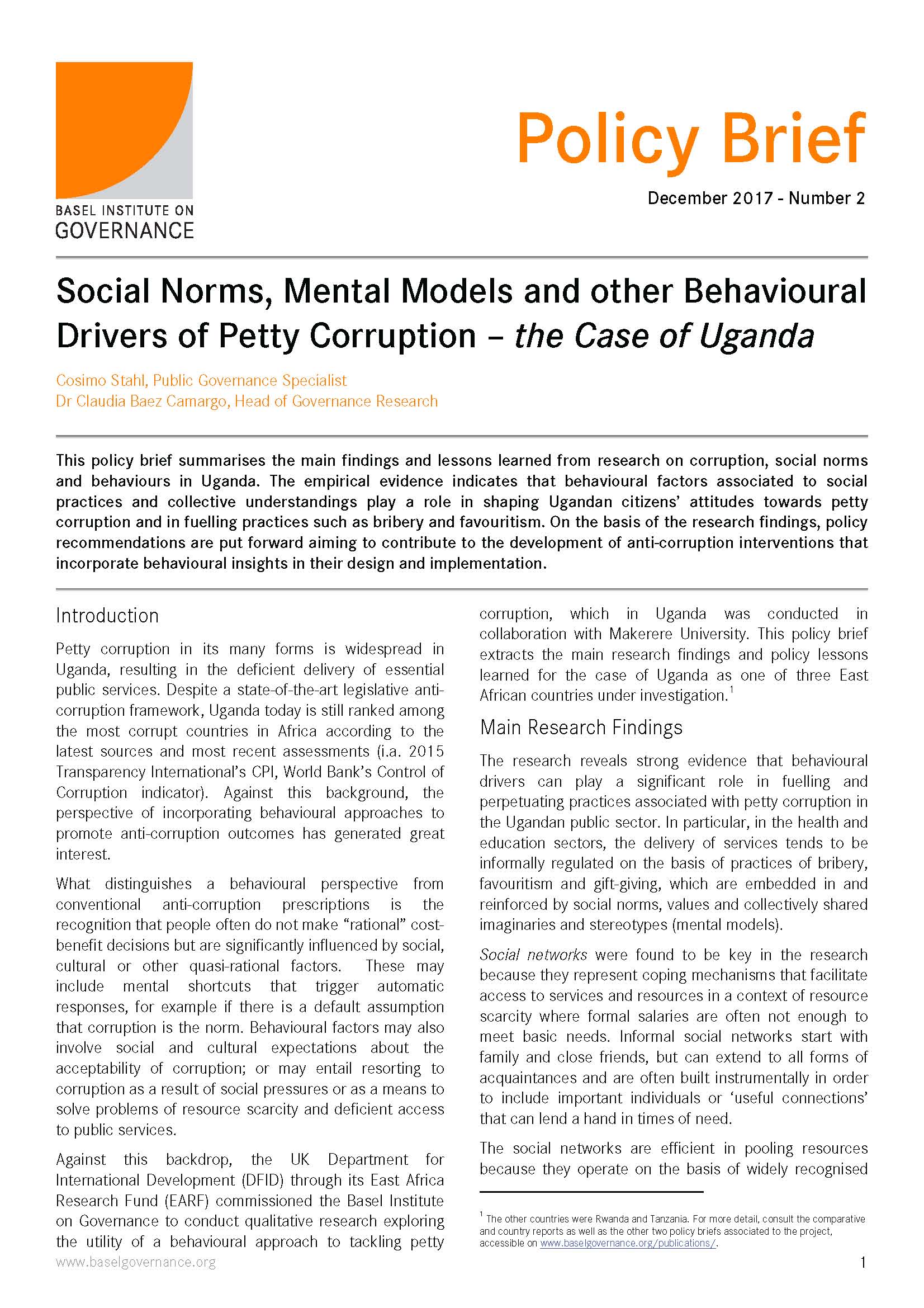 Policy Brief 2: Social norms, mental models and other behavioural drivers of petty corruption – the case of Uganda cover